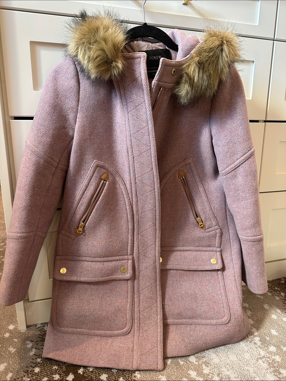 J. Crew Dusty Pink Wool-Blend Hooded Pea Coat with Faux Fur Trim